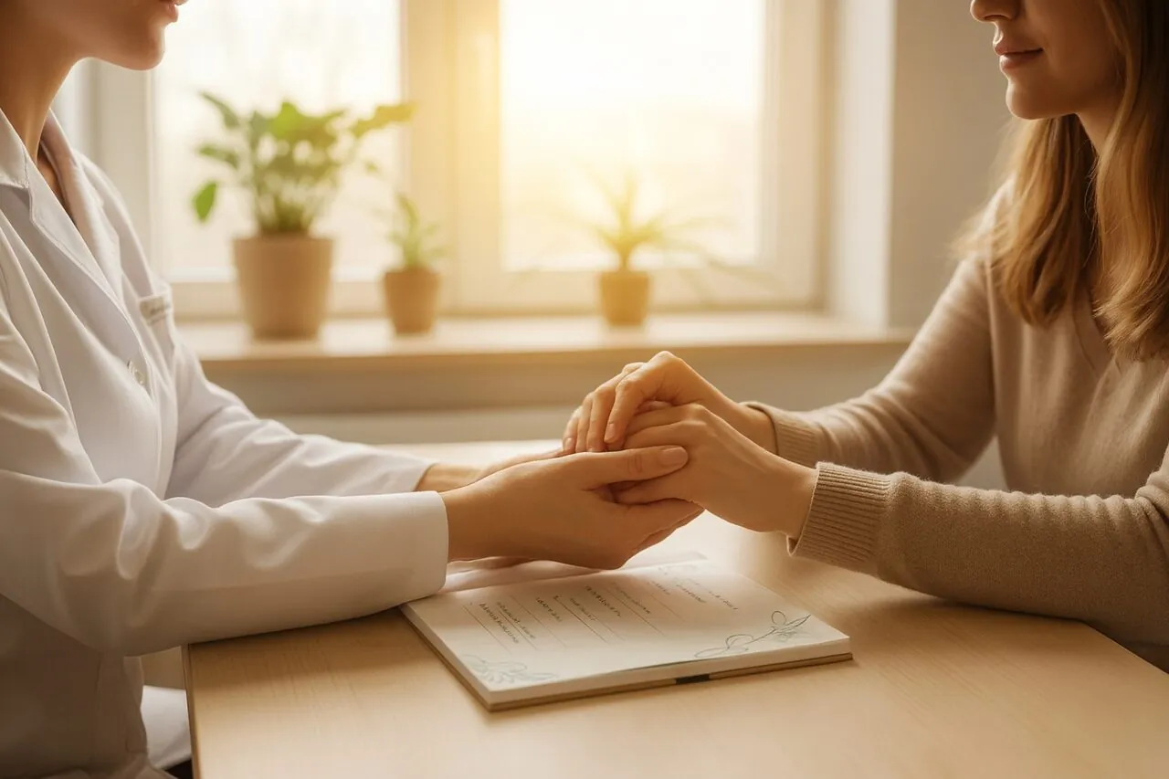 Médica segurando com carinho as mãos de uma paciente durante a consulta